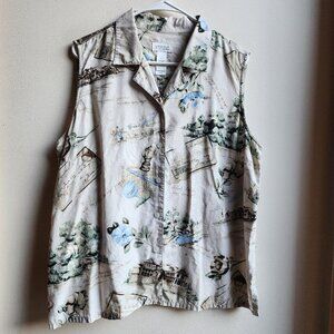 Lizgolf Travel Adventure Print Button Down Sleeveless Golf Shirt Size XL